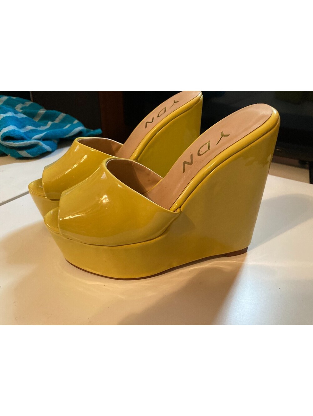Women's YDN Patent Yellow Open Peep Toe Wedge Heels Pump Sandal Shoes Size 6